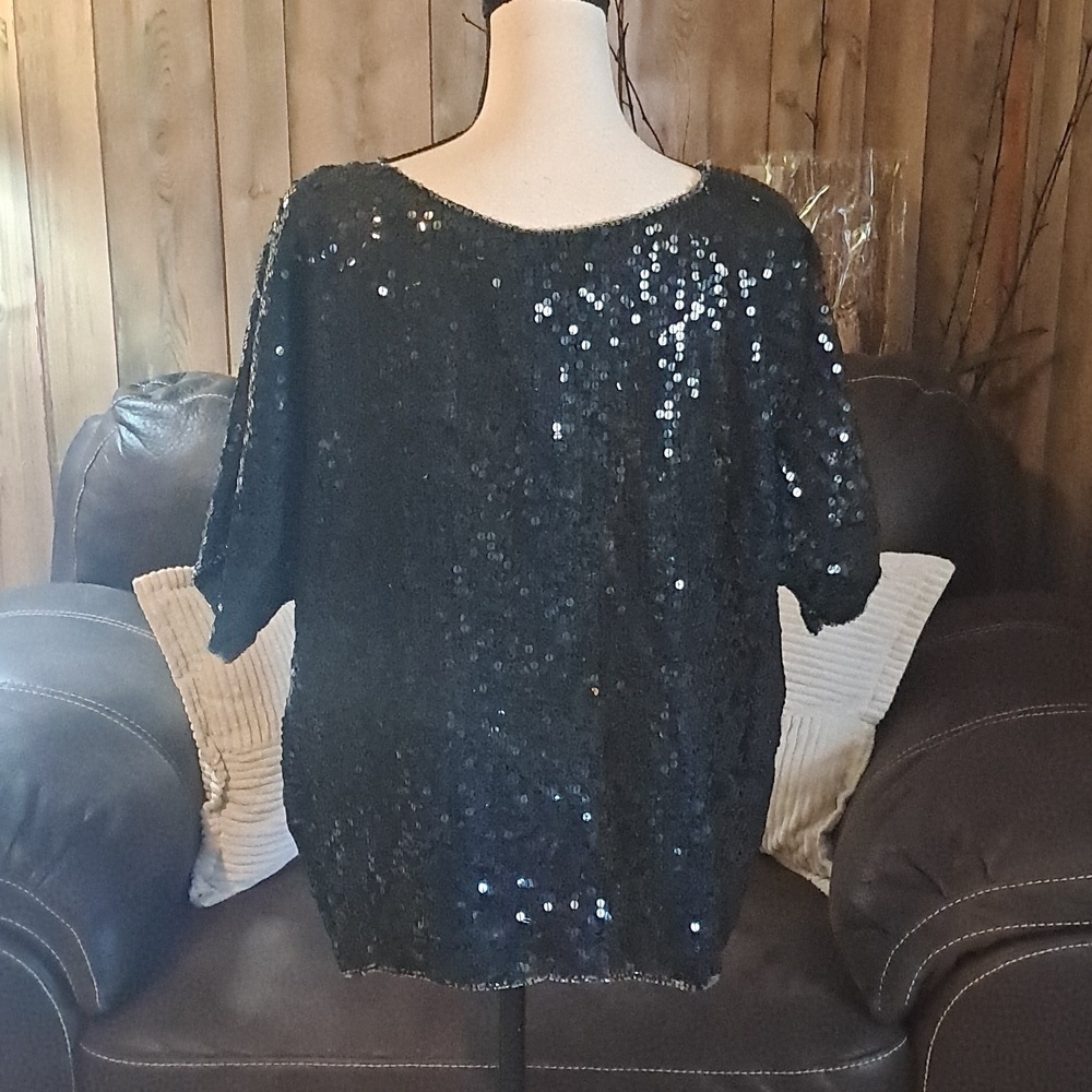 Vintage Cee Cee Sequin Embellished Short Sleeve Silk Top Size 20 Holiday Party - Picture 4 of 8